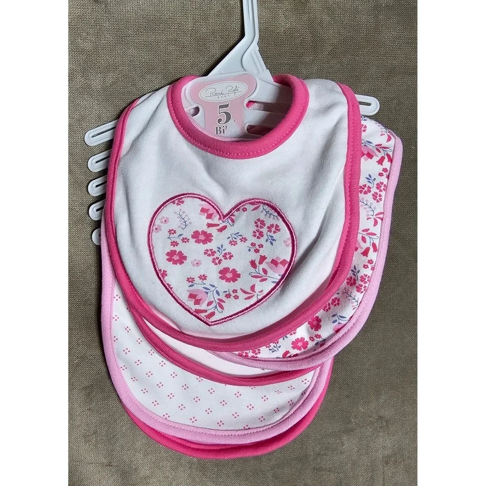 Rene Rofe Baby Bibs 5 Pack Pink White Floral Heart Polka Dot Set